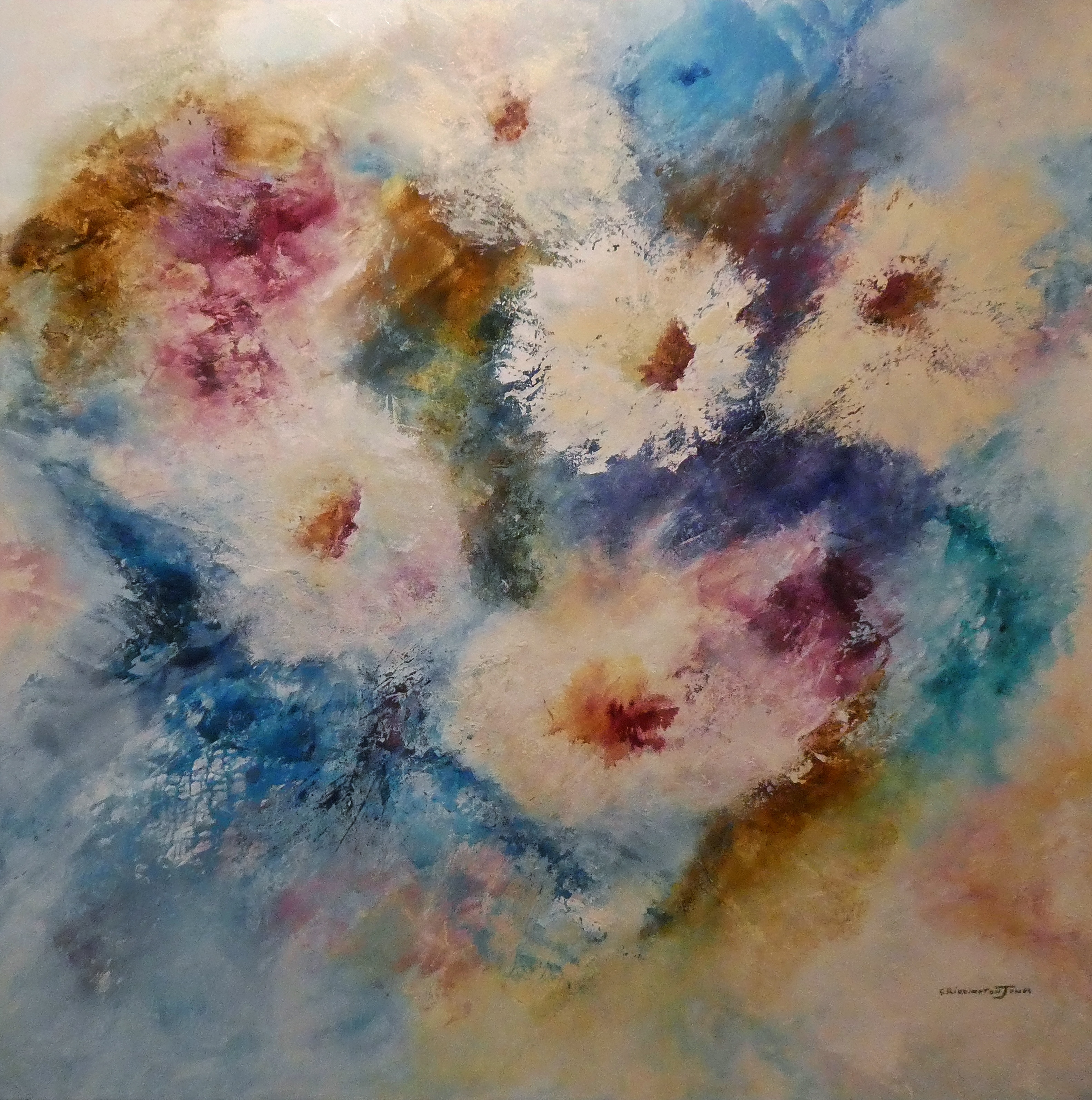 Textured painting of white flowers in an abstract manner