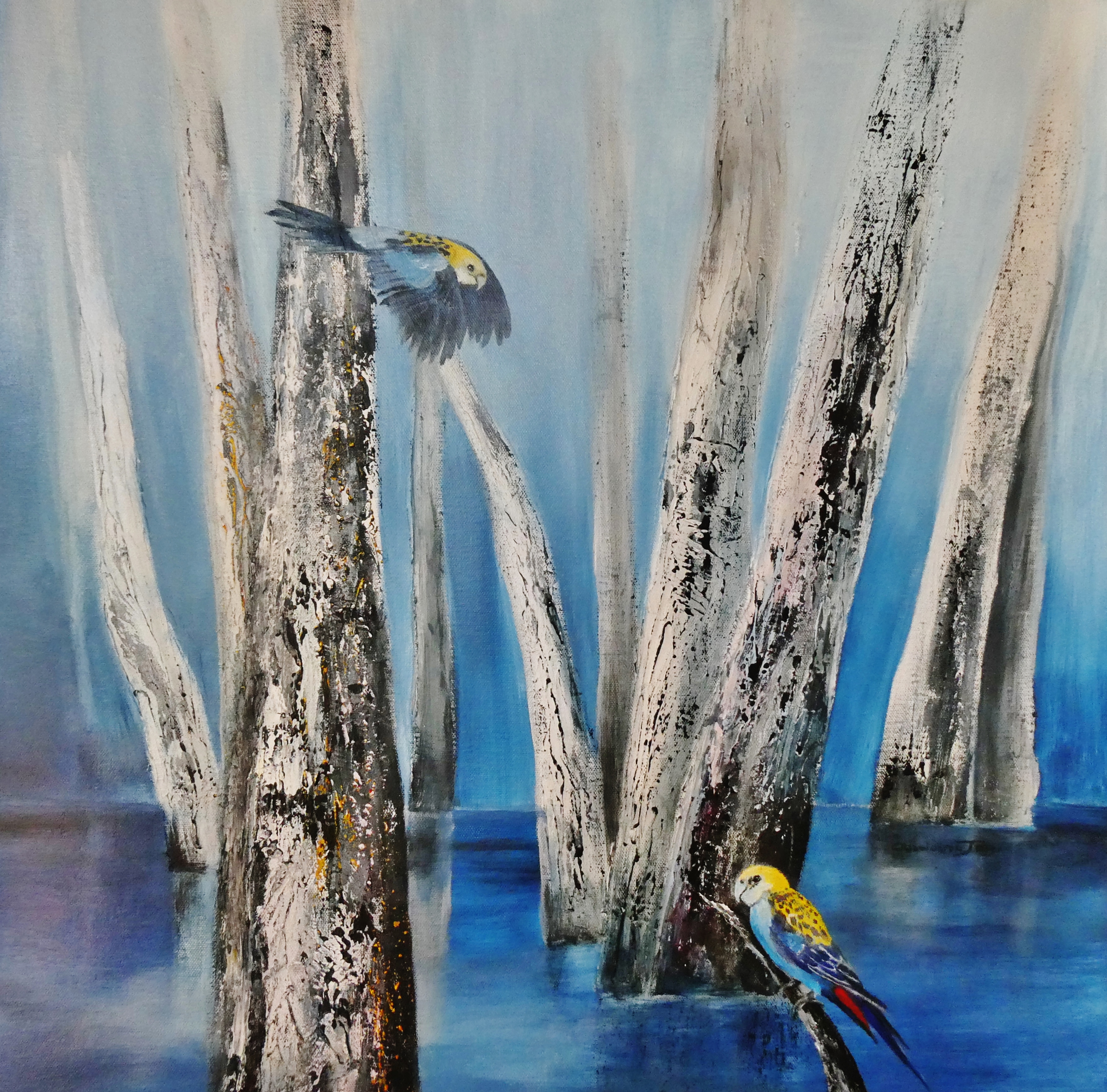 Modern painting of trees and Rosellas