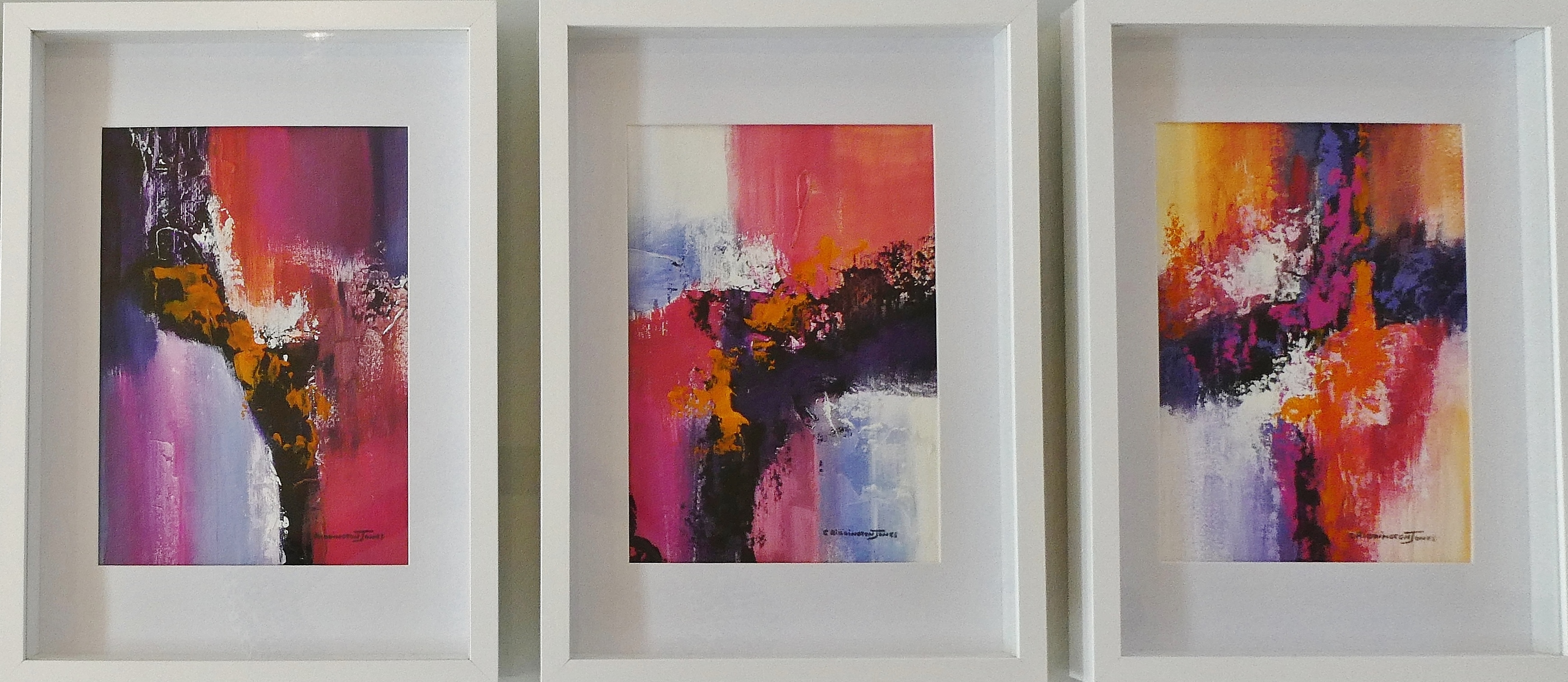 Abstract group of three textured paintings by Clare Riddington Jones