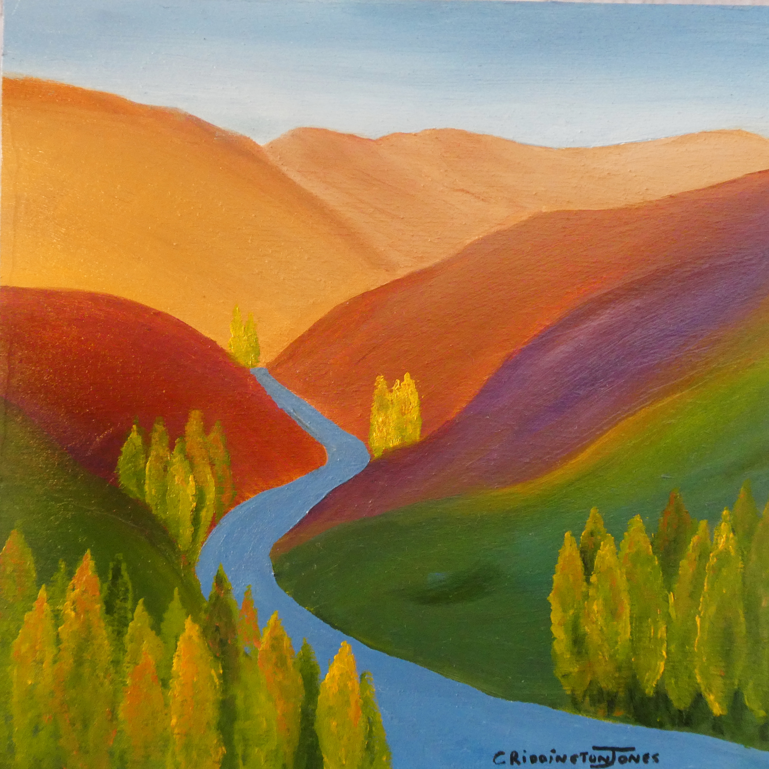 Colourful, stylised painting of autumn colours in the NZ mountains by Clare Riddington Jones