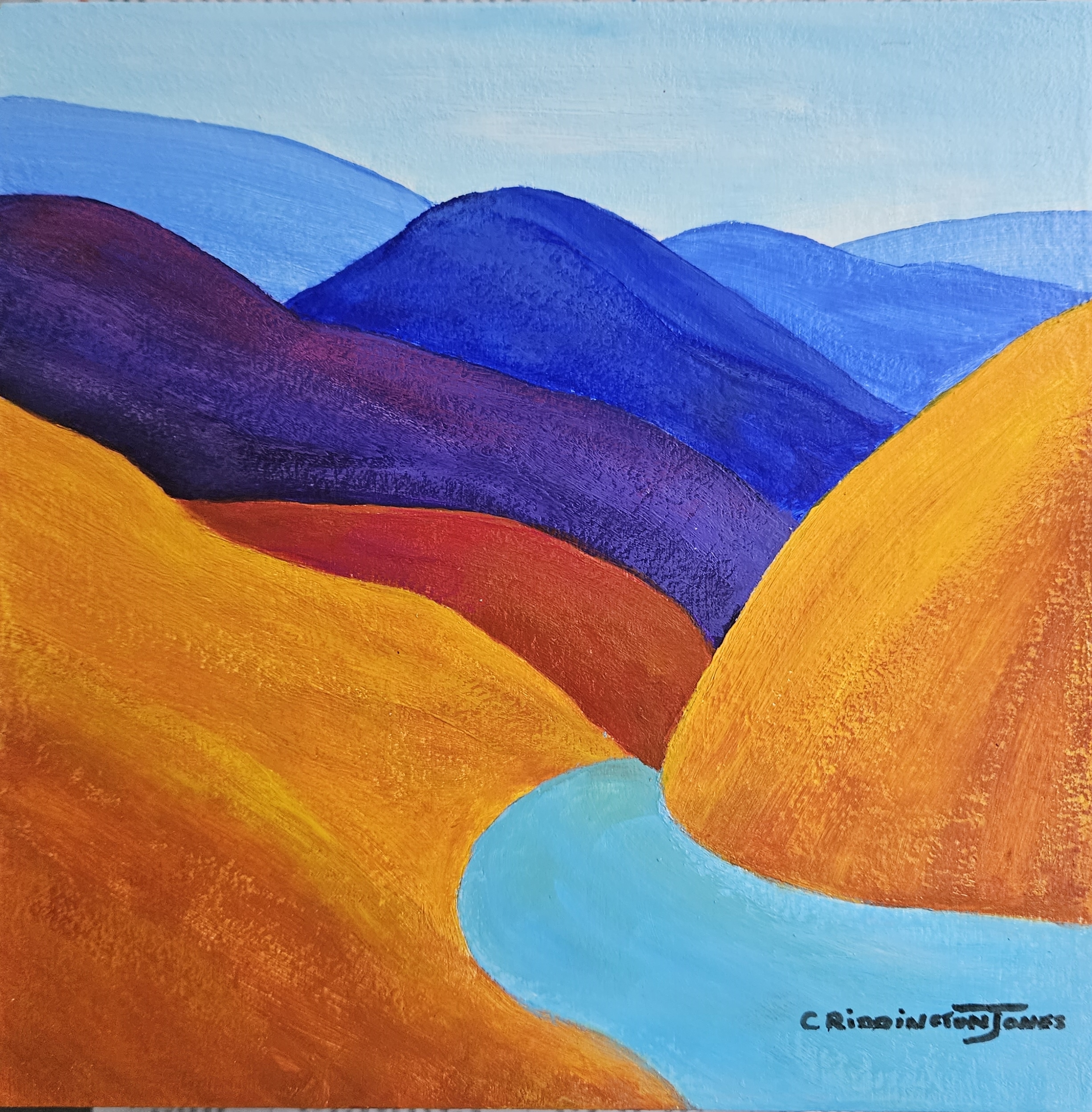 Colourful, stylised painting of mountains and a valley by Clare Riddington Jones