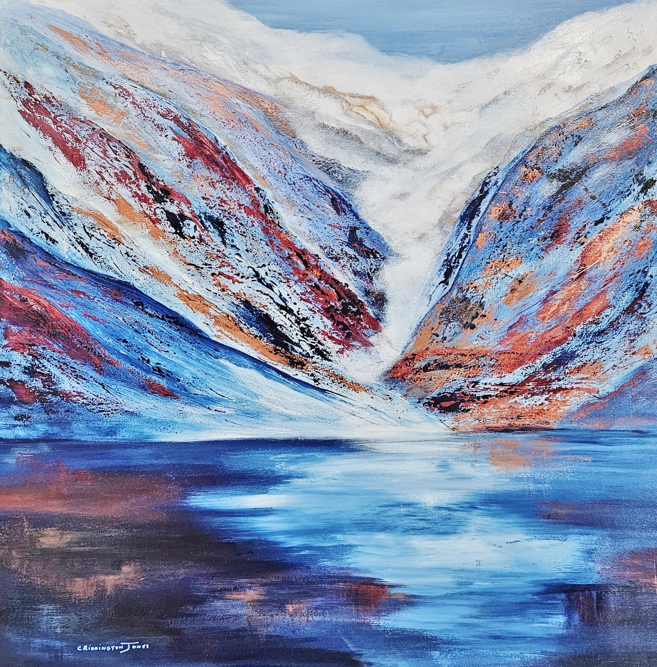 highly textured painting of mountains, clouds and lake.